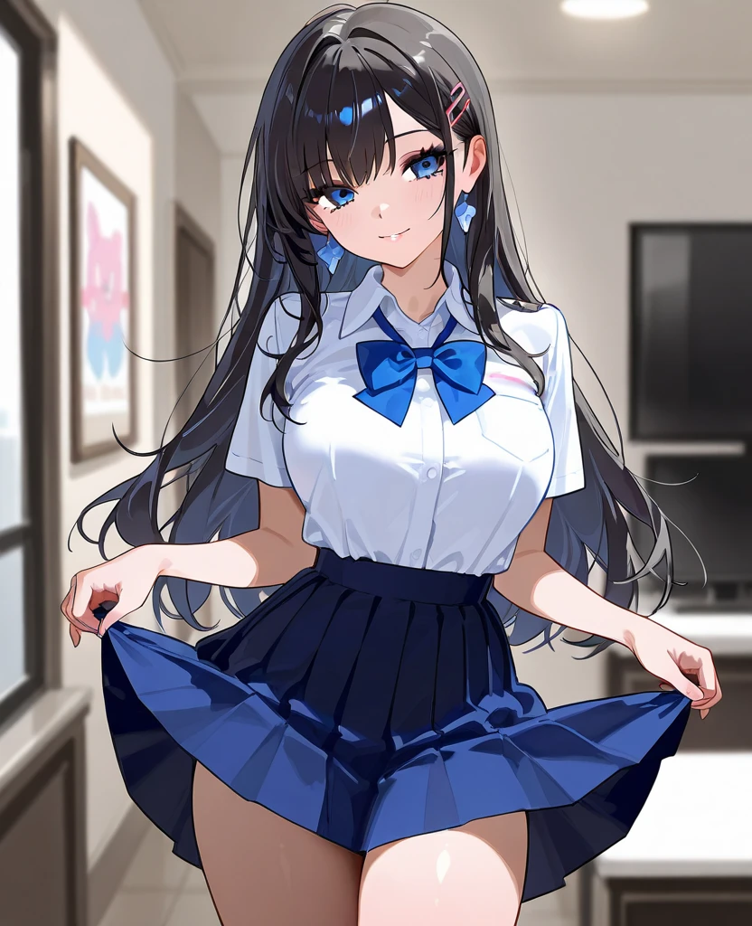 masterpiece、highest quality、1 girl、high school girl、18-year-old、Perfect Face、Shiny skin、Random Uniform、(ponytail)、Big eyes、tall)、Beautiful Hair、Beautiful Eyes、Perfect proportions、Beautiful thighs、Beautiful legs、Beautiful fingers、((High-quality fabric、brown knit vest、Short sleeve white collar shirt、Navy Pleated Skirt、A bow tie))、After school in the classroom、(smile)、(((((Skirt Lift、Panties and pantyhose are visible)))))