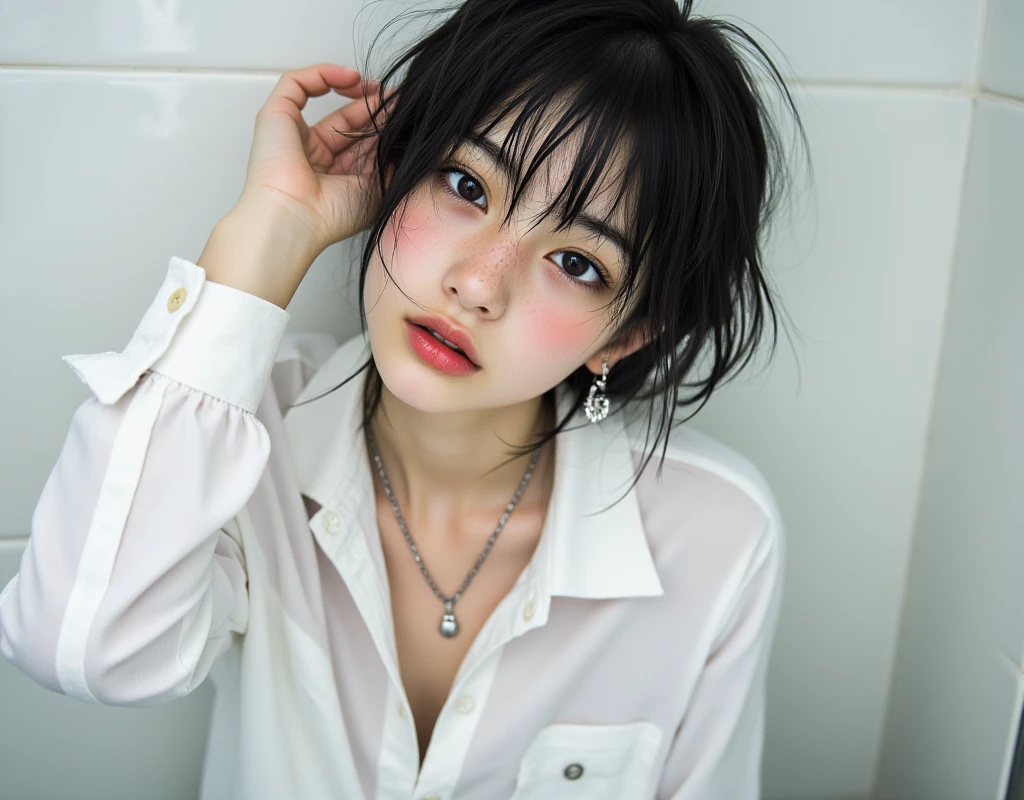 masterpiece, highest quality, 1 girl, Beautiful face in every detail, ((Pink Nurse)), Bent over, Down blouse, Smiling Short Hair, Wavy Hair, Twin tails, Gray Hair, Some unbuttoned nurse uniforms, (Small breasts), Pouting, Kissing Face