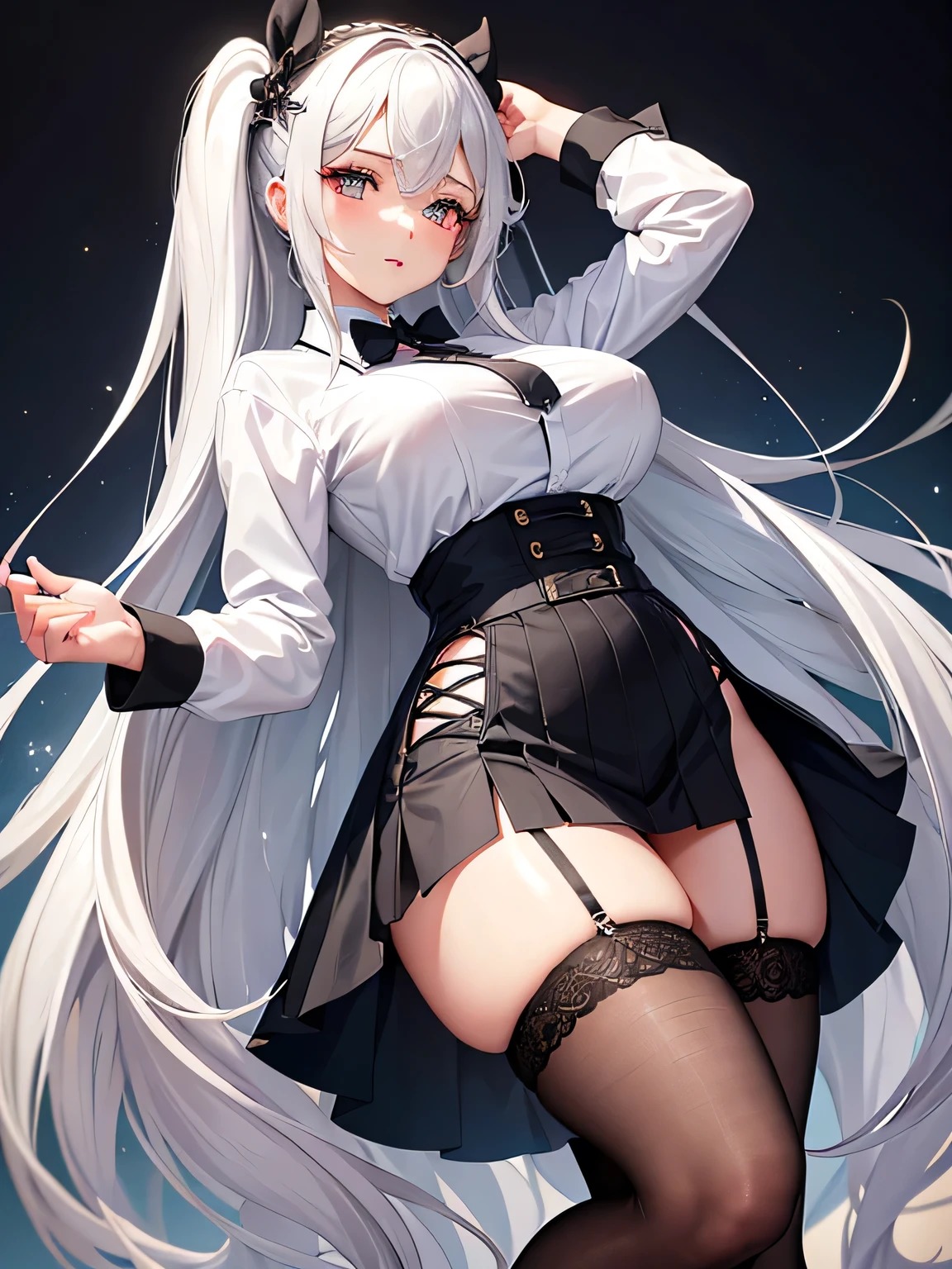 anime, 1 girl, cat girl, cat ears, perfect face, Radiant skin, Beautiful long flowing hair very huge breasts, Open breasts,Bare shoulders exposed, arms exposed, Slim toned body, seductive posture, standing, sexy pose, Slim white shirt with tie, Tight black skirt, High skirt, nylong stockings, five fingers, long legs, 8 k artistic photography, Conceptual art of photorealism, soft natural volumetric cinematic perfect light, epic, Trending on Artstationh, vibrant, Production of a cinematic character, very high quality model, Chiaroscuro