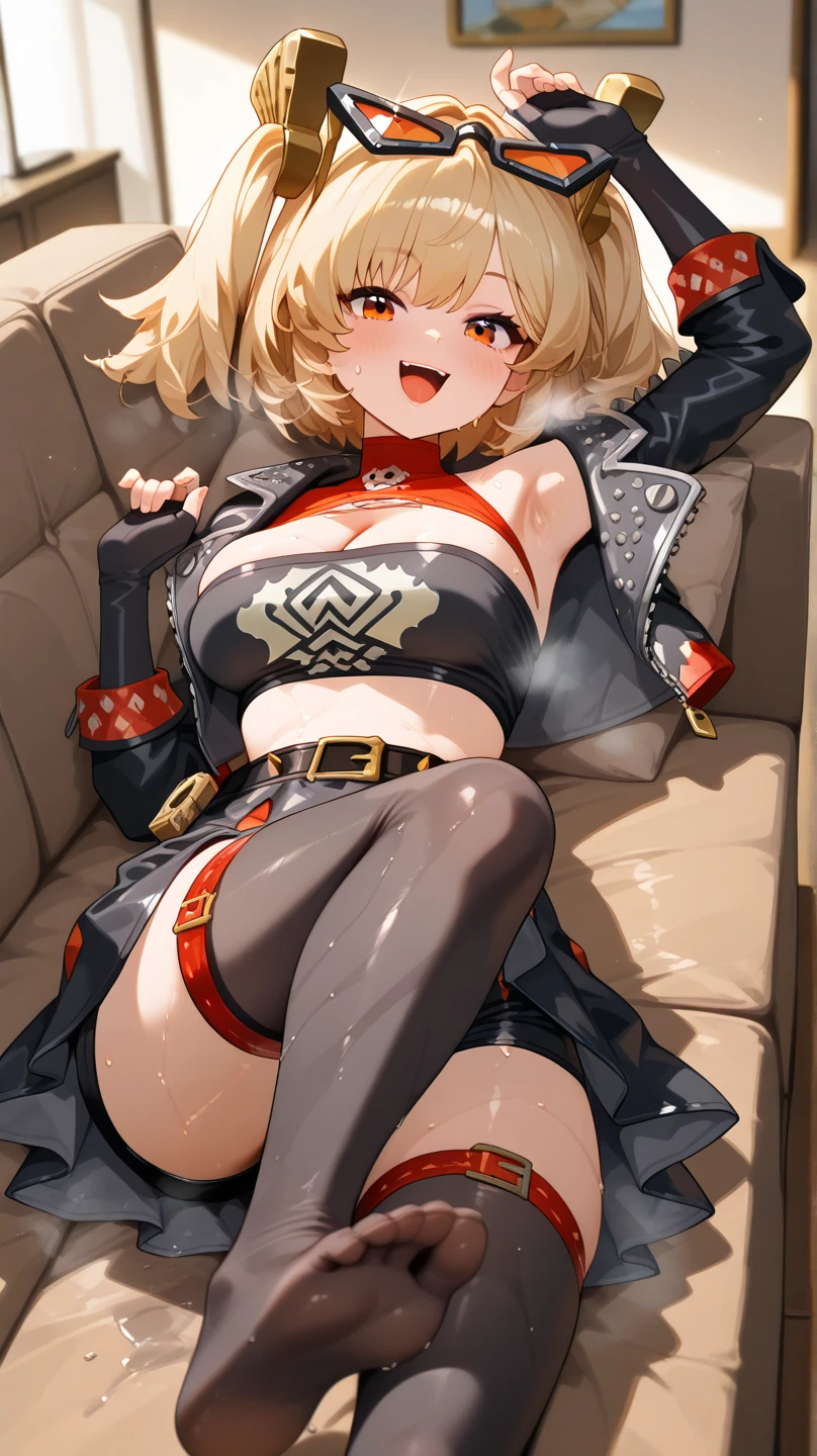 masterpiece, best quality, beautiful art, high resolution, well formed hands, body and fingers, 1 woman, solo, Xiangling, full body picture, grown up, adult, large and rounded breasted, cleavage, hair ornament, wearing a Dangerous Beast outfit , fur_bikini, claws, fangs, full body, sexy and skimpy bikini, gorgeous hips, legs and thighs bouncing breasts, red boots, dancing seductively and erotically, turning backwards and forwards, bikini thong, shaking her body alluringly, smiling joyfully, looking at the viewer, sweating , flirting, beach environment