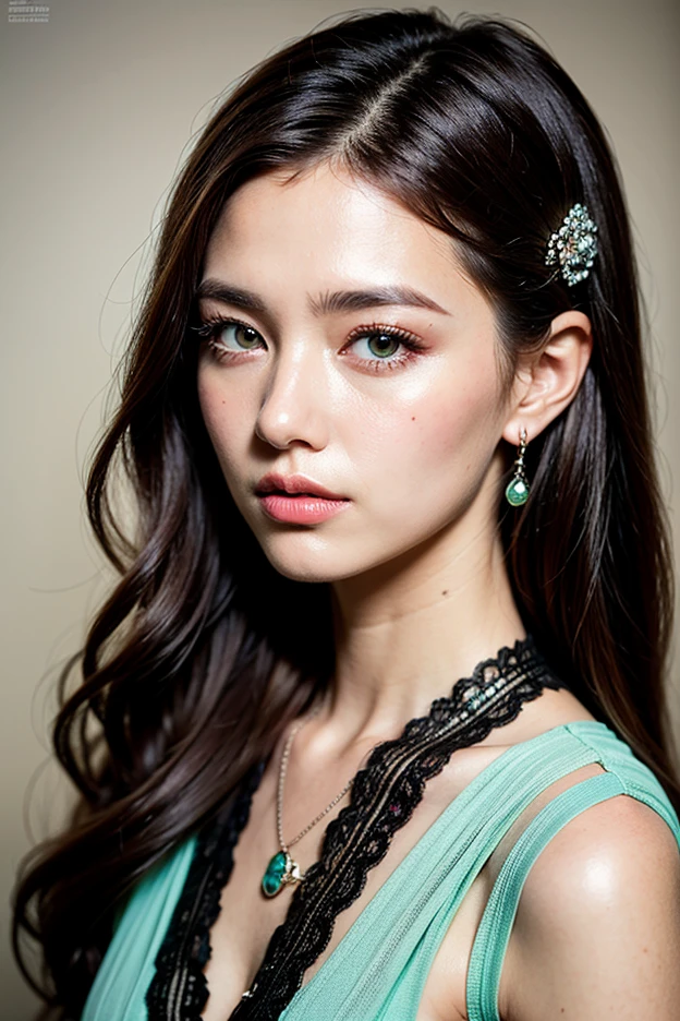 Wavy long hair, Brown Hair, One girl, Emerald Eyes, Shake with two fingers, Pink Lips, Pastel Green Dress,