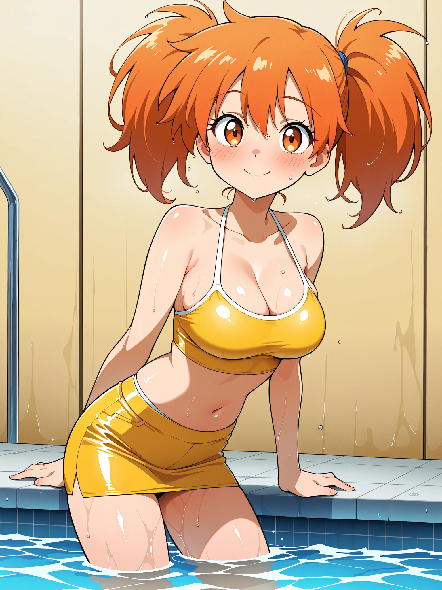 best quality, masterpiece, flat color, cel shading, solid outline, 1 girl, tongue out, one eye closed, ultra detailed face, contrapposto, wet skin, lime green color bikini, (medium breast:1.2), underboob, back street of tokyo, (heavy rain in midnight:1.3)