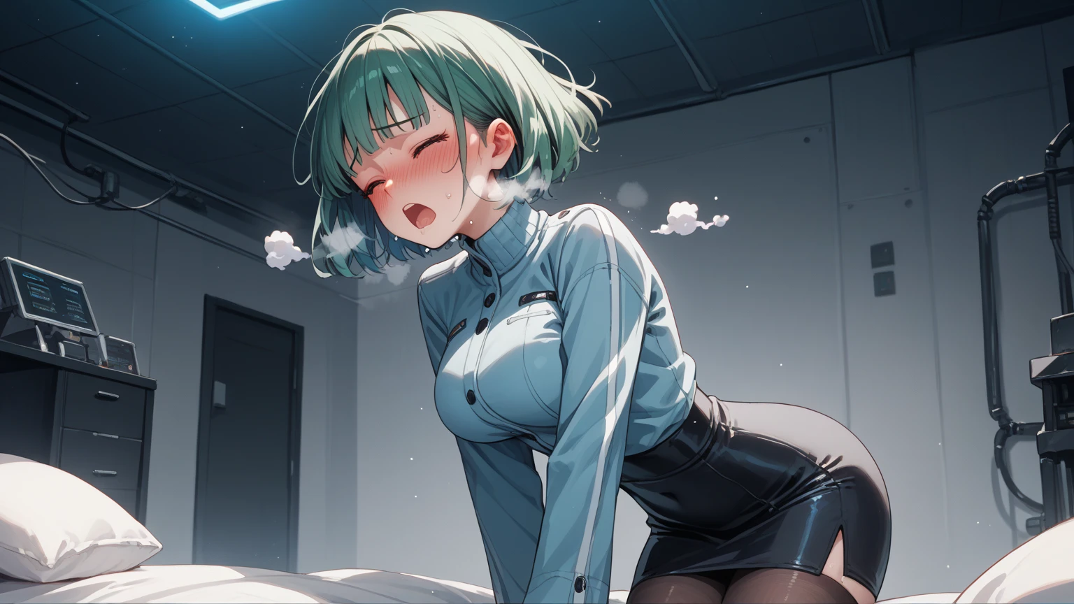 {best quality}, {very aesthetic}, {ultra-detailed}, {best illustration}, woman,{{green hair}},{{long ponytail}},{pink eye},pov,((orgasm face)),(steam),1woman,(lace panties),((under black pantyhose)),(white nurse),from below