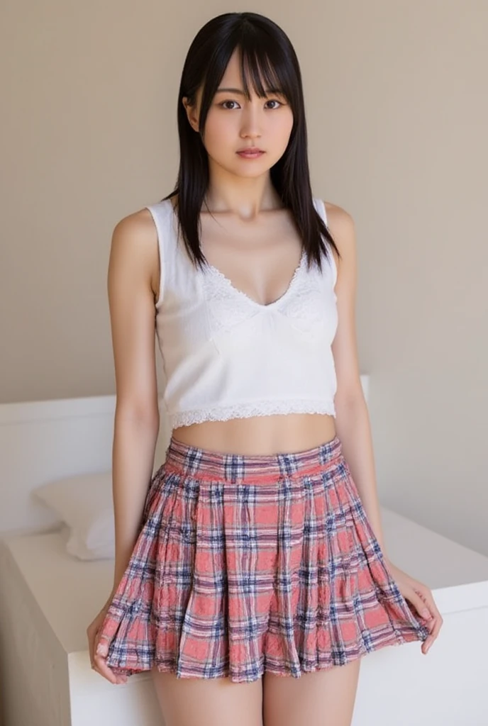 (flat chest:1.8), ( bulge in front of panties:1.9), (chest is flat:1.8, he is a boy of unparalleled beauty:1.8, like a girl, She has a very cute idol face:1.3), (Raw photo, muste piece, ticker:1.5), (clear focus:1.photorealistic, Super detailed:1.4), (full body shot:1.3), BREAK is, (cute type, Japanese idols of unparalleled beauty, beautiful face, natural makeup:1.3), (male focus, 1 boy), (underwear with lace:1.3), (small areola:1.3),,, (spread legs:1.3), (seen in many men:1.3), white panties:1.8, white bra, (NSFW)safe for work, , soft body, A sloppy smile, white skin, straight long hair, thin eyebrows, constricted waist, beautiful skin, slender, red check pleated skirtがめくれ上がる, cute type panties, red check pleated skirt:1.8, Blouse unbuttoned to show bra, (NSFW)safe for work), cute underwear
