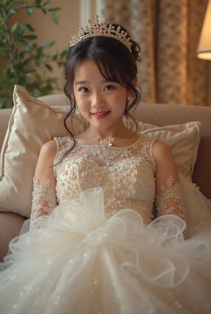 A 5 korean girl with dark brown hair and light brown eyes ,wearing a dress ,cute , Show the whole body , Shot in the studio , photorealistic