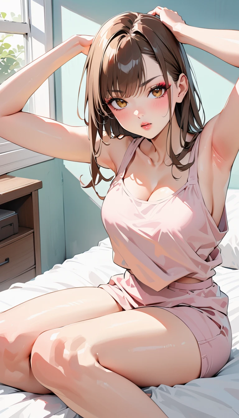14 year old teen, brown hair miley cirus, lying on bed, tight wet pink underwear, small pink breasts sprouting, (top view) torn underwear.