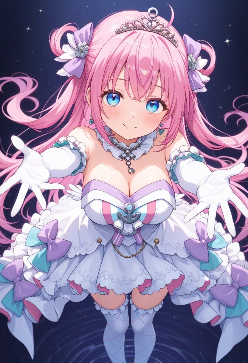 masterpiece,highest quality,(Super detailed),written boundary depth,perfect sentence, Detailed CG,Super detailed,(highly detailed eyes,very cute face,highly detailed face:1.3),beautiful anime girl,(solo girl:1.9),(super huge breasts:1.9),(pink hair,low twin tails:1.5),(light blue eyes:1.3),(smile full of joy),open your mouth,break,(magical girl costume:1.3),white ruffle dress,sleeveless,pink ruffle elbow gloves,micro mini skirt,ruffle skirt,knee high socks,boots with wings,magic wand with feathers and blue gems,large hair ribbon,magic effect,light effect,blue sky,cloud,above the sky,cloudの上,(jumping,flight,Falling from the sky:1.2),dynamic pose,(full body)