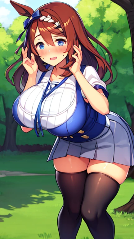 masterpiece, best quality, 1girl, forest, brown hair, long hair, fox ears, brown eyes, cute, blushing, (fully dressed, medieval villager clothes, long sleeved buttoned shirt, tight skirt, thigh highs:1.4), (slim waist, curvy, big breasts, thick thighs:1.1)