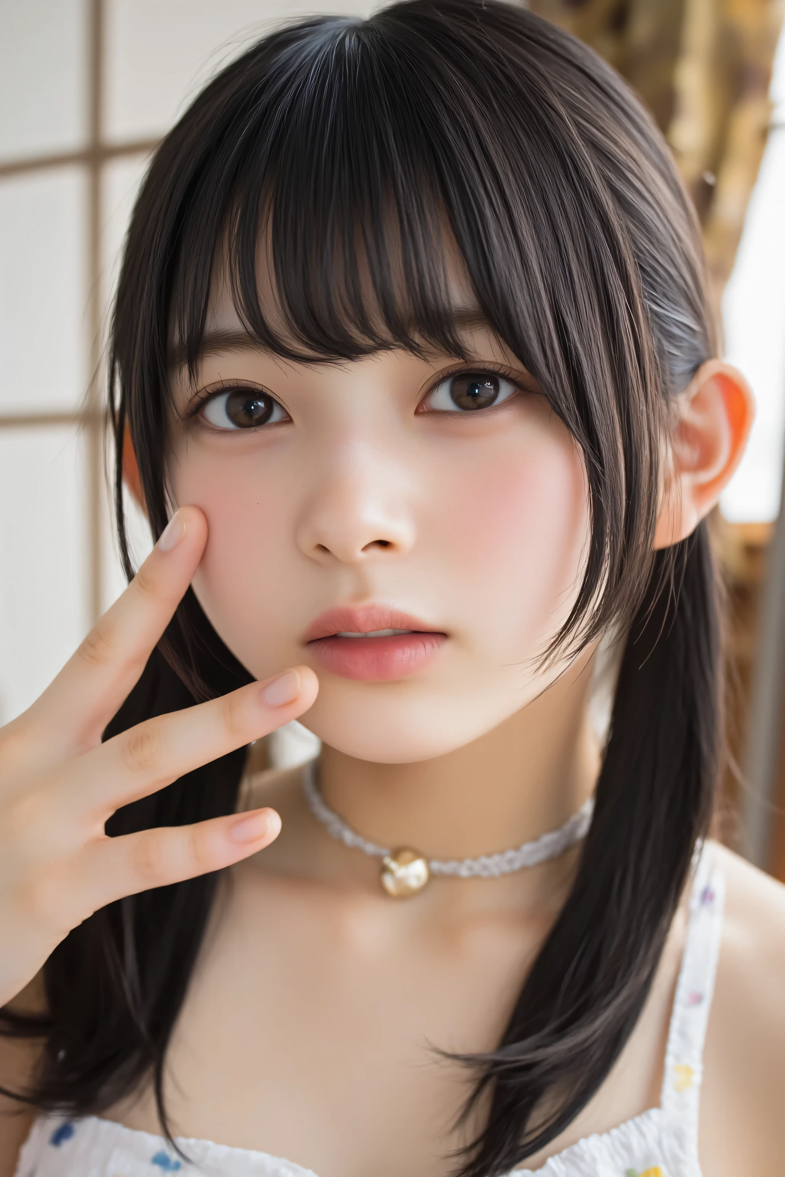 masterpiece、highest quality、8K、(crazy super long hair:1.5 )、black hair 、1 girl、12 years old、detailed face and eyes、black eye、head band、、black hair、perfect body、ultimate beautiful girl、perfect beauty、、put your hands on your knees、、leaning forward、、flat body、slim、cute、、white skin、round face、Very adorable little face、thick brown sweater、jet-black background、