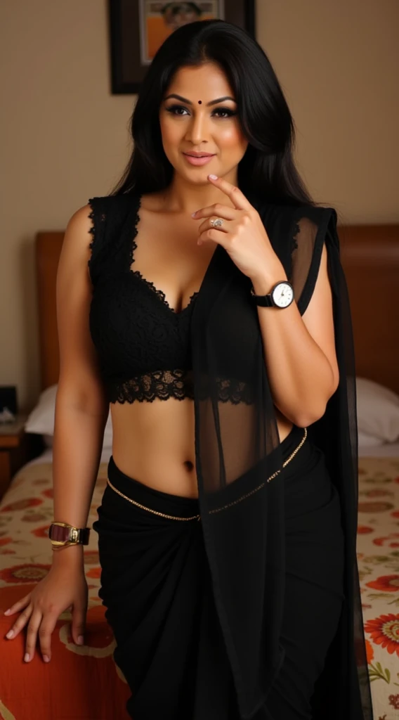 Indian girl in black saree in seductive pose, balcony