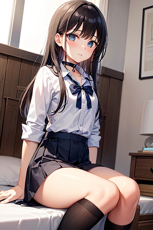 ((best quality)), ((Meisterwerk)), (detailed), perfektes Gesicht, ((Perfekte Anatomie)), 4k resolution, big thighs, pig breasts, small waist, school girl, (18), twintails, Black Hair, Black Mini skirt, (Bound Wrists, Ankless with Rope, Turn arms behind the back), ((Arms behind the Back)), Bound Ankles, Hilflos, blushes, verlegener Gesichtsausdruck, Rope Bondage, Classic Bondage, Many girls in the Background, Sitting a chair, held back, Anatomisch perfekt, Bed in the Bsckground