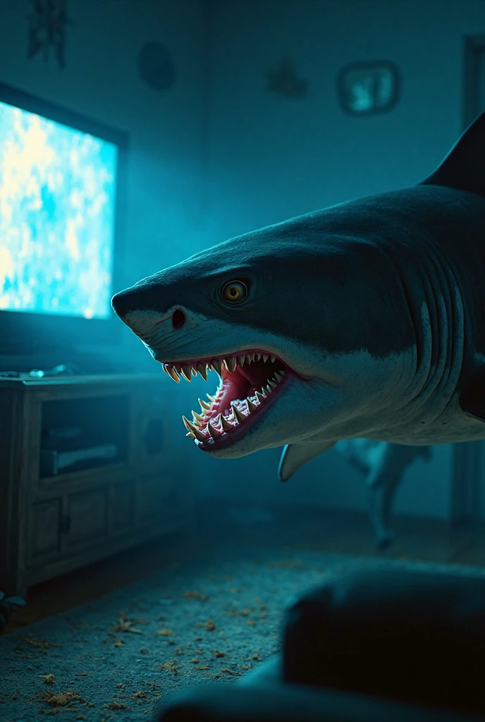 A shark sitting on a couch in a living room in front of the television playing video games with the controller in hand