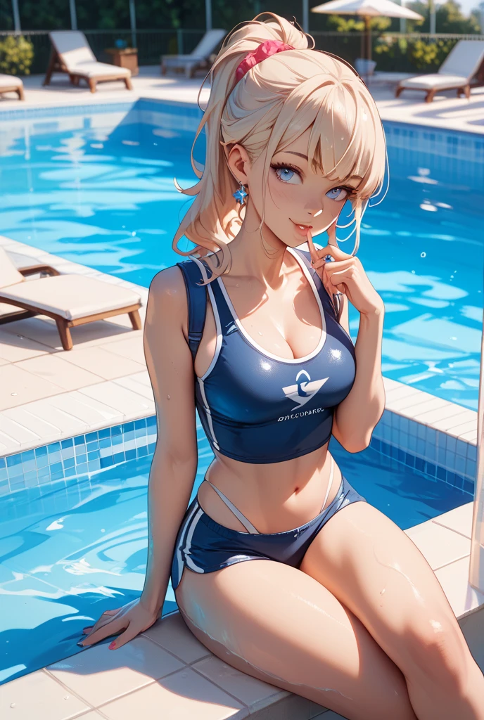 Top image quality、8K picture quality、hightquality、Detailed picture、1girll、独奏、full body Esbian、Marie Rose、Twin-tailed、A smile、Embarrassing、red blush、small plump breasts、small tits、(protrusion at the tip of the chest:1.2)、(Slender body))、(Nipple sheer:1.4)、((Shiny Blue Metallic))、((Sleeveless))、((High neck competitive swimsuit:1.2))、(highleg:1.3)、(Stick hard into the crotch)、(Crotch hard indentation:1.3)、((Squatting on the ground))、(((Open your crotch wide from side to side:1.2)))、(Opening legs:1.2)、(Arms behind your head:1.3)、(Show off your armpits:1.2)、((Black High Socks:1.3))、((Brown loafers:1.3))、(gazing at viewer)、(Facing the viewer)、(Keep your feet open to your audience)、(white thighhig)、in poolside、profetional lighting、Frontal shot