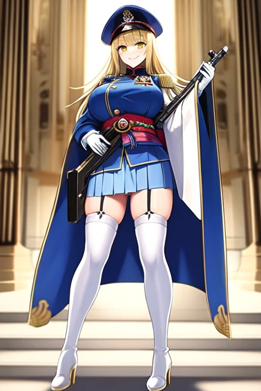 best quality, (masterpiece),(ultra-detailed), (high quality), (high resolution), (twins:1.5), yellow hair, royal blue wyes, yellow blouse with a royal blue jacket and a navy-blue mini skirt with pleats, fingerless black gloves, suede shoes, full body, headband, back to back, freckles