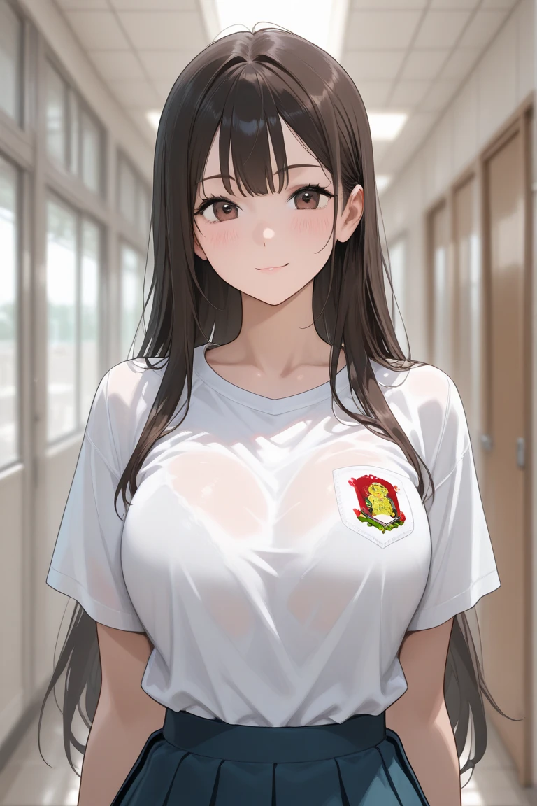 score_9, score_8_up, score_7_up, brown hair, brown eyes, long hair, standing, facing forward, , shirt, gym uniform,  smile, closed mouth, looking at viewer