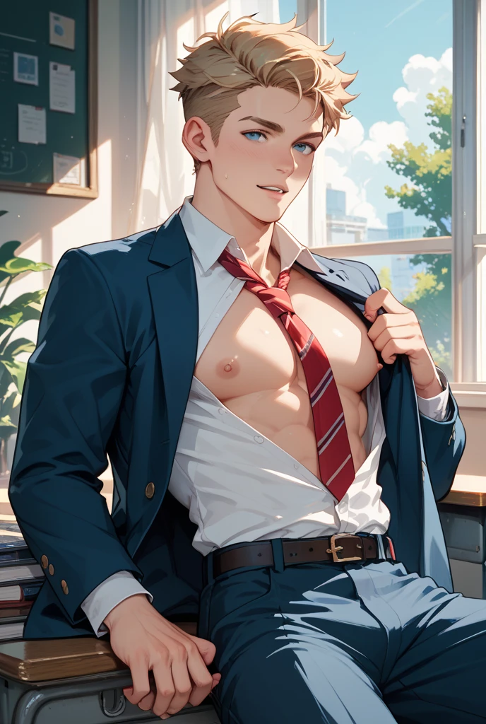 naked nsfw man with blond shaved hair and a white shirt on and tie. slim figure. No pants, ?????. posing ????