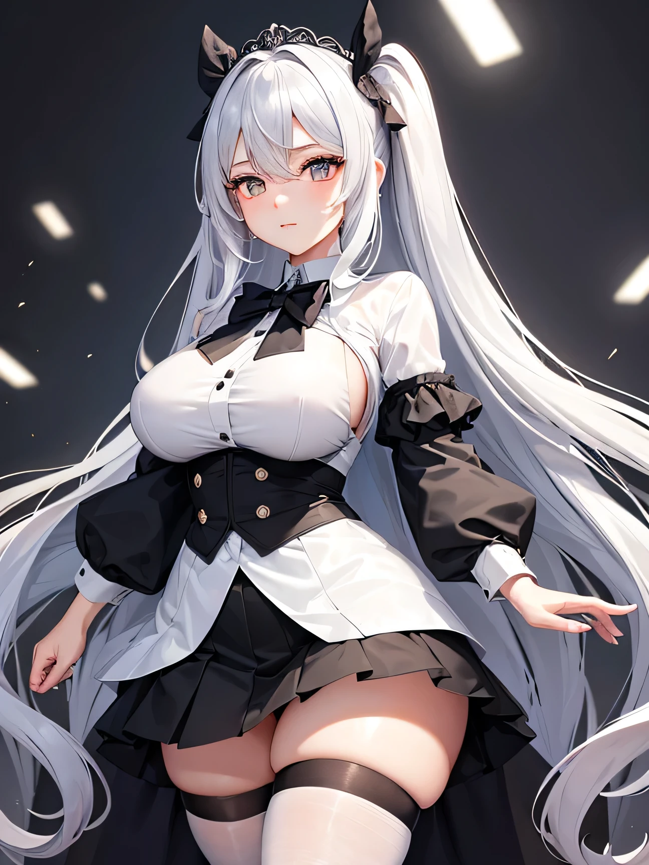 ( Beatiful sexy white socks ) , black skirt , white panties , bra , big breasts , NSFW , tall legs , smile , ( milf ) , HD , detailed eyes , white hair , standing , extra horny, horny smile , perfrct body , camera angle from down , ( upskirt ) , ( extra close to viewer )