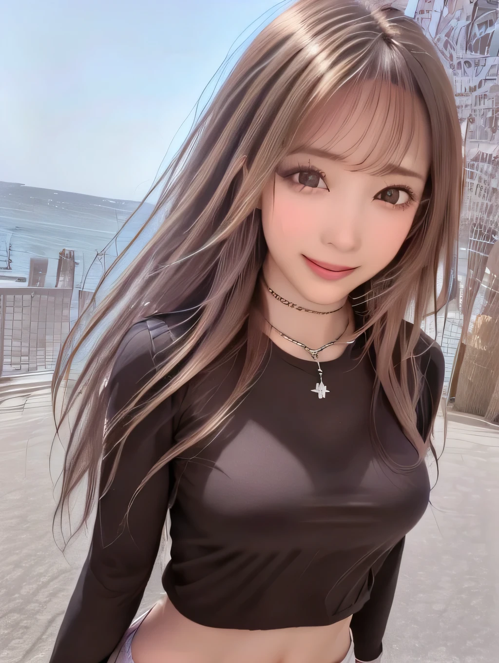 {{masterpiece:1.2}}, {{1woman}}, ((pov)), ((portrait)), ((standing)), ((seaside promenade)), 21years old, ((gal)), ((brown hair, medium hair)), ((long sleeve black t-shirt)), ((bare navel)), ((big breasts)), ((surprised face)), ((open mouth)), ((silver necklace)), ((smile)), ((in the heat)), Japanese
