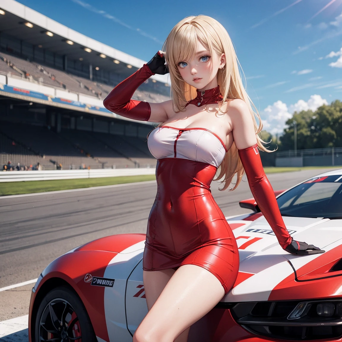 Realistic, Solo, Perfect Detail Face, Detailed Blue Eyes, Very Detailed, Blushing, Hair Ornament, Chignon Mahogany Hair, (Blonde Hair), Plug Suit 02,Shikinami Asuka Langley, thin beautiful legs, young face, pretty eyes, black background, blue racing girl uniform, scantily clad, racing queen, thigh boots