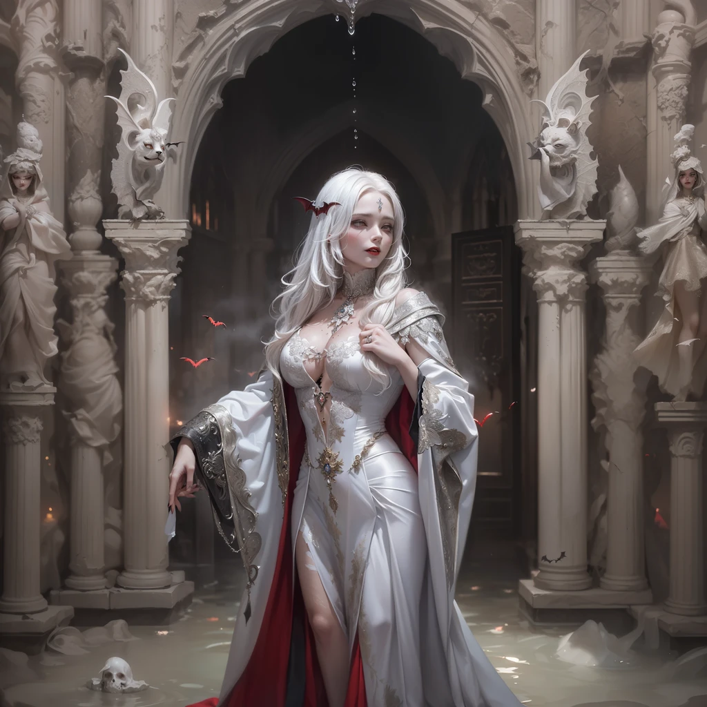 a girl with pale skin and white hair with gray undertones, wearing a crown of thorns from which small drops of blood trickle down her forehead, her eyes completely dark with an empty expression and a faint smile on her face, wearing a short white dress that reaches her knees, several silver roses adorn her body while sharp-thorned vines resemble necklaces wrapping her hands and waist, in a ruined church with cracked walls and broken windows, allowing in a timid light, next to an altar holding a cross adorned with various roses, an overall melancholic and mysterious atmosphere, emphasizing the loneliness and contrast between the girl's beauty and suffering