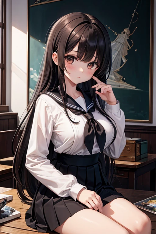 <lora:Noshiro_XL_pony_v1:0.8> noshiro \(azur lane\), school uniform, sunlit classroom ,sitting,cross legged ,amusement,, score_9, score_8_up, score_7_up, source_anime, 1girl,