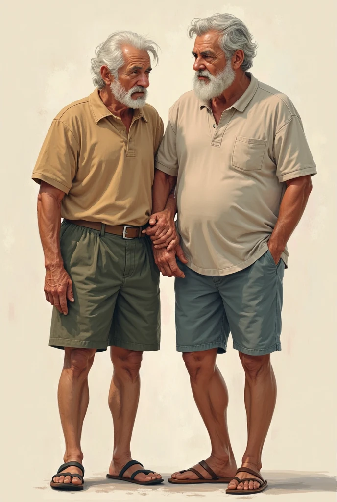 2 Vietnamese grandfathers with gray hair, mature face, a thick mustache, a short chin beard, bear body, wearing a massive bulging gray jockstraps standing at the sea, have belly, big muscular chest, a sexy pose.