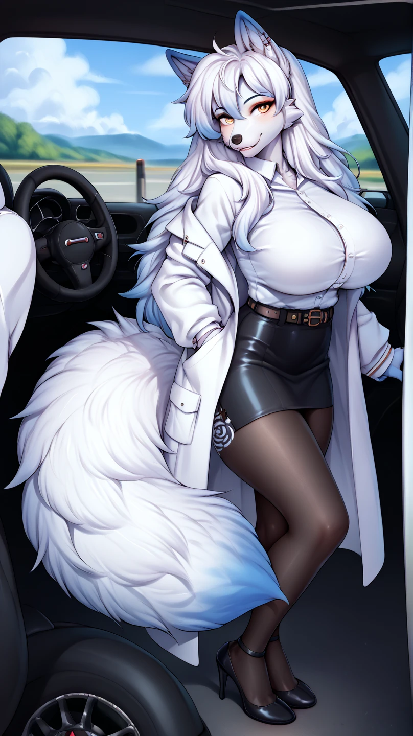 Happy , with wolf ears and pink hair, holding her cheeks, wolf tail, wearing a latex dress, looking at veiwer, full body, you can see her chest, naked breasts