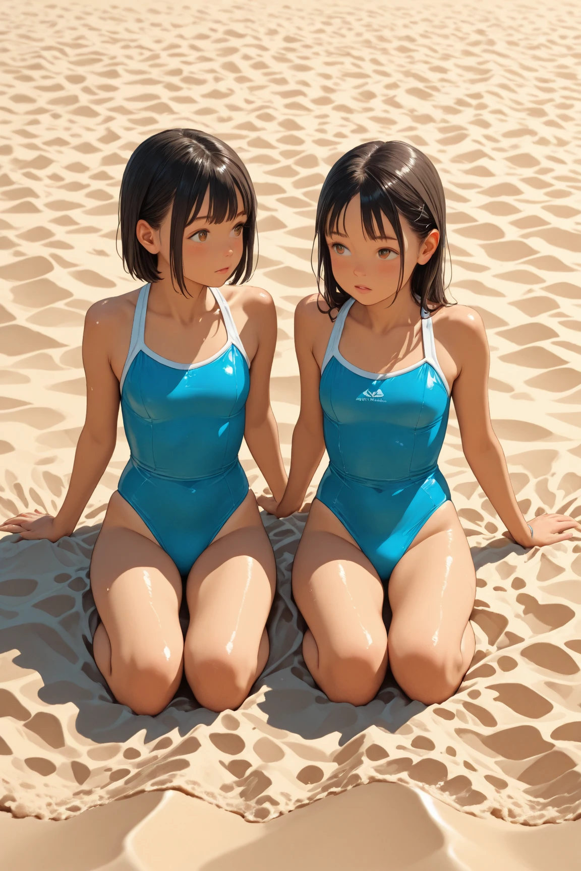 (Highest quality、8k、32K、masterpiece)、(Realistic)、(Realistic:1.2)、(High resolution)、Very detailed、Very beautiful face and eyes、(((Women's Solo Shot)))、Tight waist、(Highest quality、Attention to detail、Rich skin detail)、(Highest quality、8k、Oil paints:1.2)、(Realistic、Realistic:1.37)、Bright colors、(((Full Body Shot)))、(((Bob Hair)))、(((Medium Hair)))、(((Side Ponytail)))、(((smile)))、(((Brown Hair)))、(((Light blue camisole)))、(((Brown hot pants)))、(((I'm on the beach)))、(((I can see the horizon)))、((Sweaty skin))、(((blue sky)))、((Hands are raised))、((Jumping on the shore))