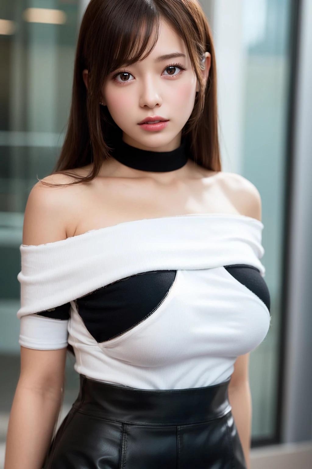 best quality, ultra high res, (photorealistic:1.4), 1girl, oversized and loose off-shoulder white shirt, black skirt, cowboy shot, black choker, (brown hair:1), (huge breasts:1.2), looking at viewer, closeup