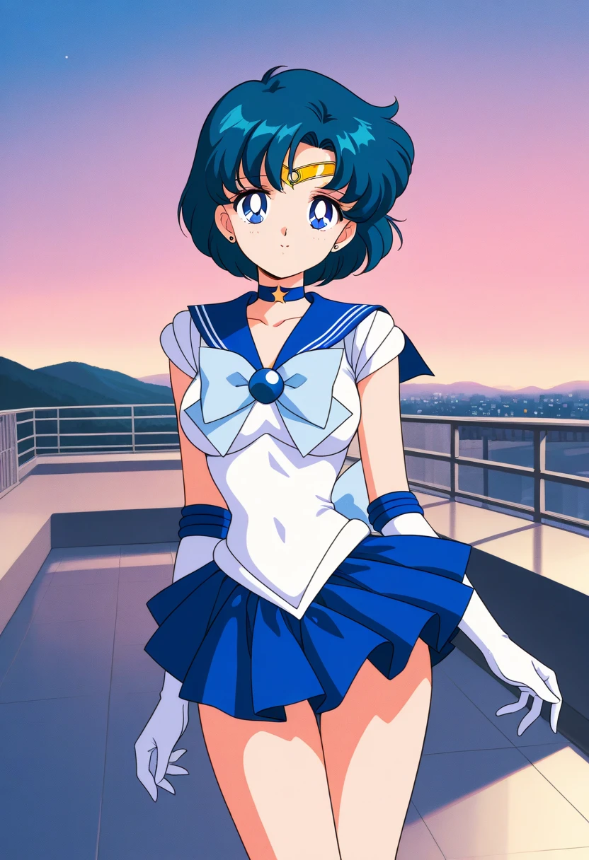 Solo,highres, mer1, tiara, sailor senshi uniform, blue sailor collar, bow, knee boots, choker, white gloves, blue choker, elbow gloves, jewelry, earrings, blue skirt, cowboy shot, (1990s \(style\):1.2) , standing, bench,masterpiece, best quality, perfect composition, front view, cameltoe, upskirt, skirt lift 