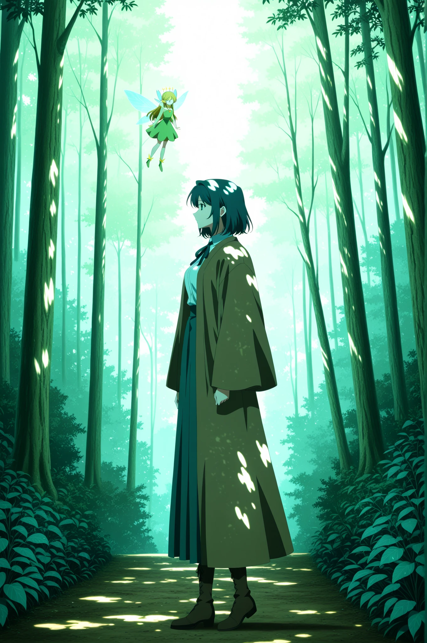 2 girl {{ human and fairy }}  , Standing next to each other in the center of the image , friendly , forest , dappled sunlight , anime coloring ,