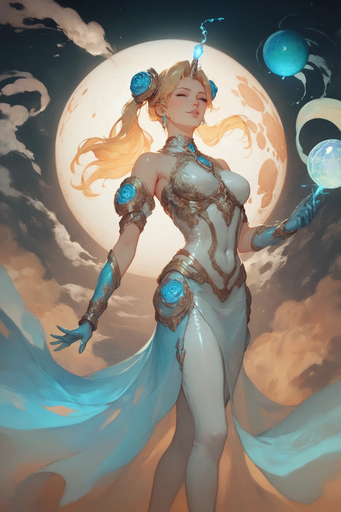 A woman in a blue dress stands in front of the full moon.,Fine gold jewelry, beautiful heavenly mage, Fantasy anime artwork, goddess of heaven, beautiful fantasy anime, fantasy illustration of anime, Highly detailed 4k digital art., beautiful fantasy art, goddess of the moon, Detailed fantasy art, lunar goddess, Detailed fantasy digital art, High quality 8K detailed artwork., anime goddess