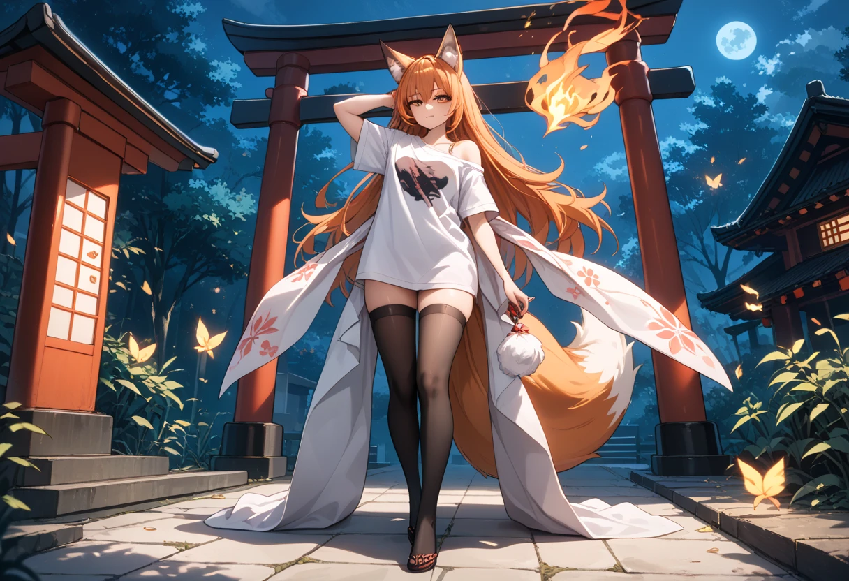 ((Masterpiece: 1.5), High resolution: 1.3), A girl like a fox, Slim and agile,  Japanese big city background, Lights and lighting, Focus on girl with shine and shadow effects caused by illuminated aura, (long、Silky Hair: 0.8), Under the moonlit streets, (Blue and midnight sky: 0.5), Street Scene。