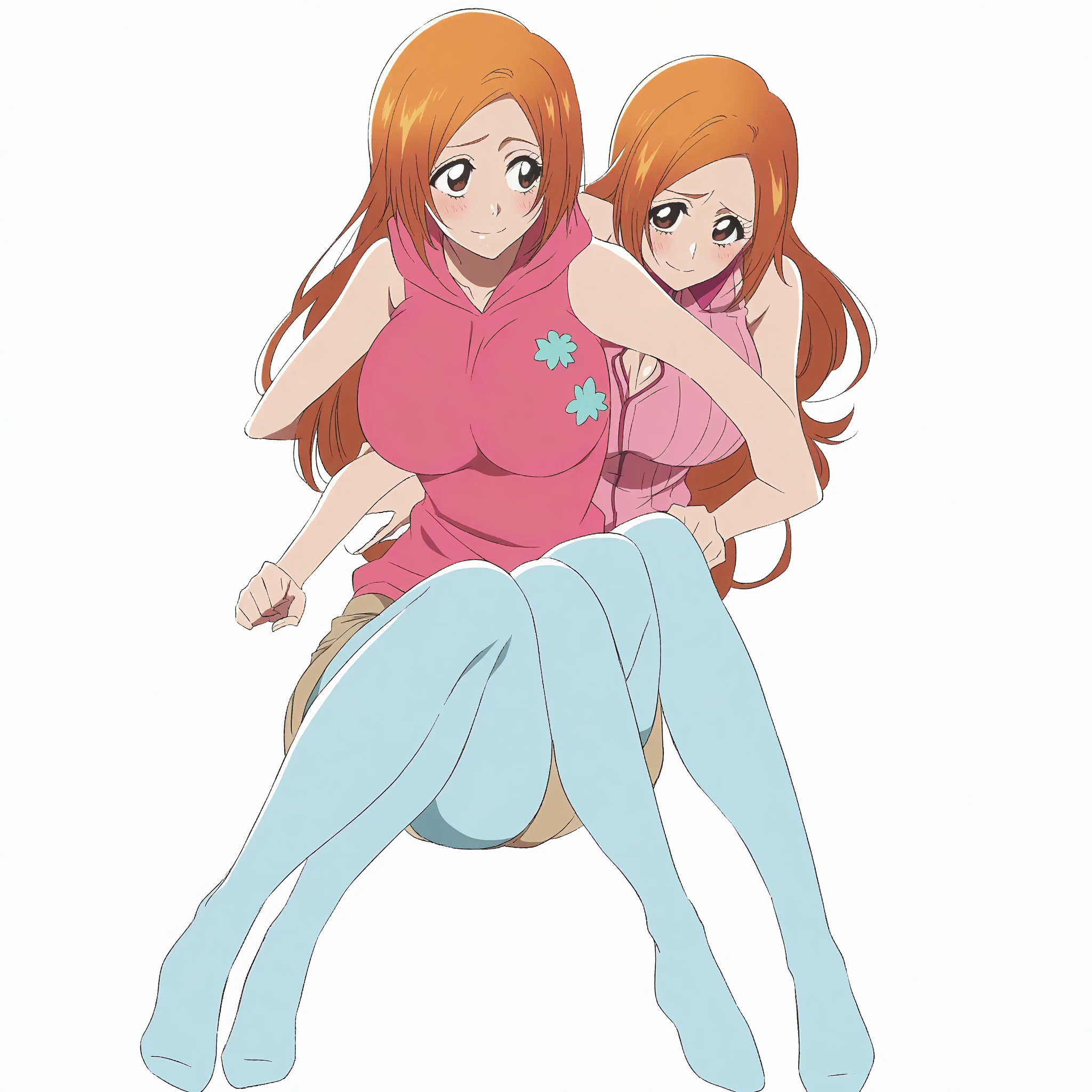 Tabletop, highest quality, Medium orange hair, Virgin-killing clothes, Large exposure of the chest, Big eyes, Cute Face, Realistic, Big Ass, Big Breasts, Her breasts and buttocks are completely visible, Pay attention to the butt, Orihime Inoue, A woman alone in the park, Red ribbon around neck., Slender body, Bleach Anime, Orihime, Gorgeous sheer panties, Wet body, Crouch down, M-shaped legs, Showing off your crotch, Open your knees wide