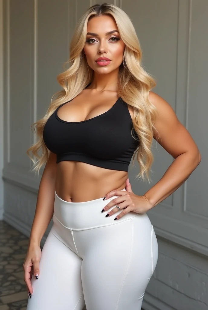 there is a woman with a tattoo on her arm and a brown top, BBW, headshot profile picture, 30 years old woman, Blonde, sexy face with full makeup, beautiful well rounded face, chubby, obese, large breasts, wearing a low cut revealing tanktop, cleavage, profile image, professional profile picture, well contoured smooth fair skin, sultry smirk, with professional makeup