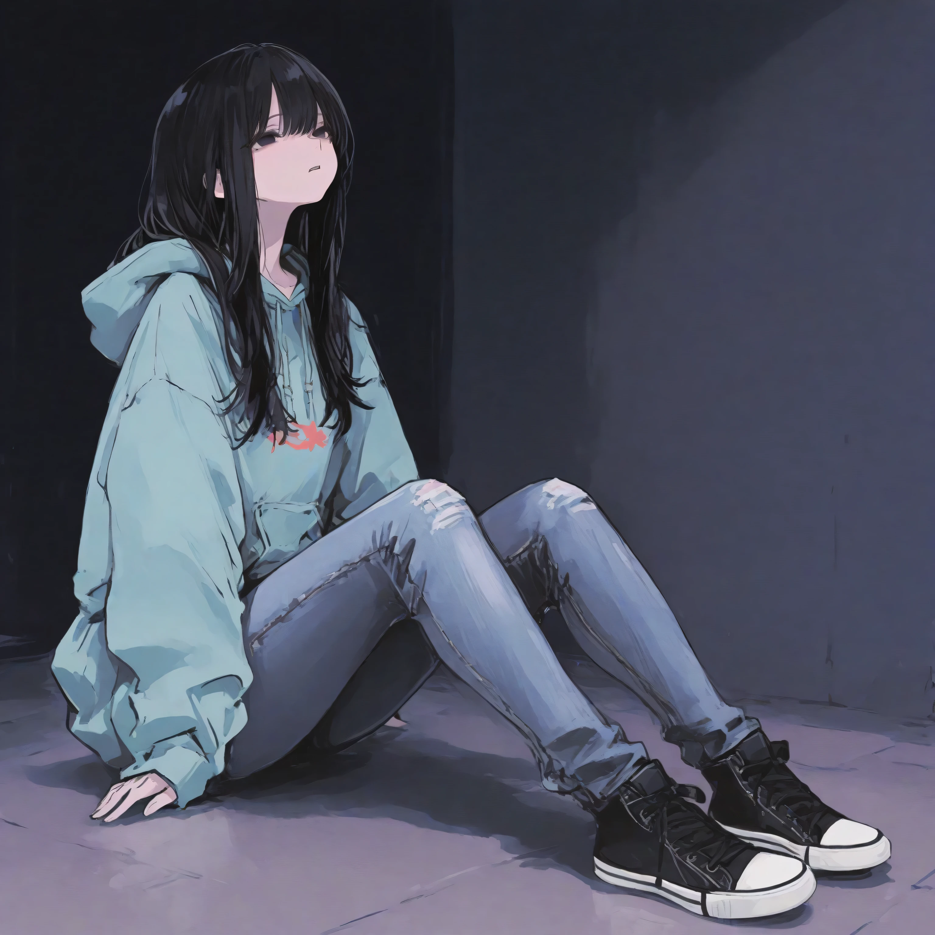 full body　girl　long hair　black hair　black eyes   hoodie   jeans   sitting   illness