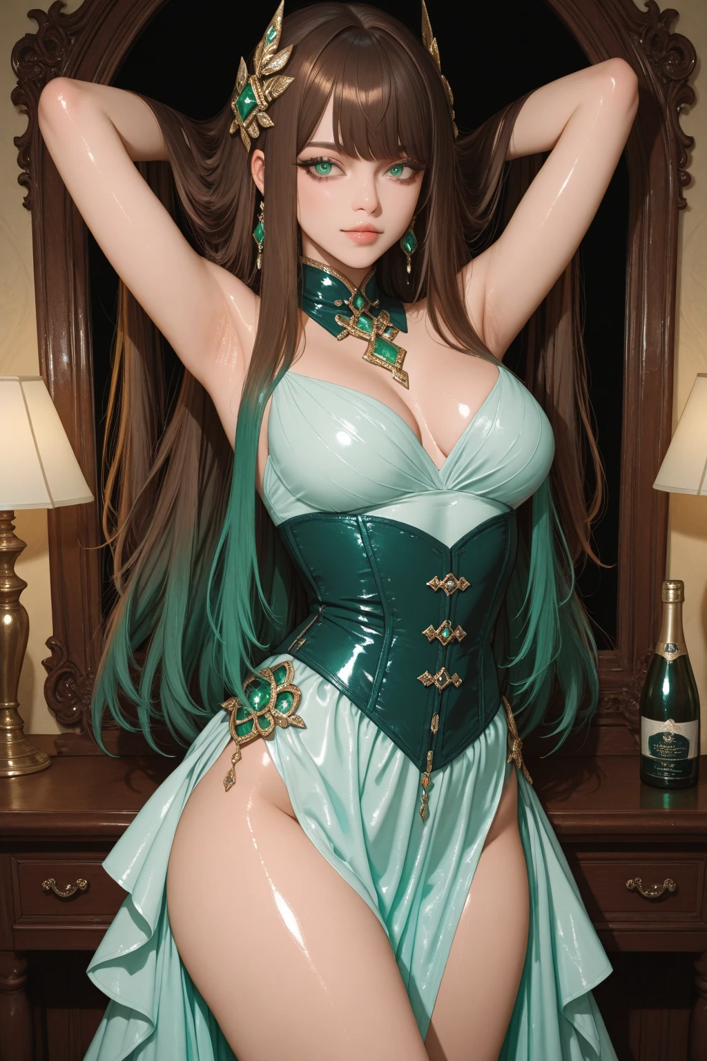 Photorealistic, best quality, high res, meticulous detail, a hot beautiful woman wearing slip dress as a pole dancer, tight big breast, big hips, long legs, green hair, sexy, blushing face, sensual pose, flawless white skin, hands up