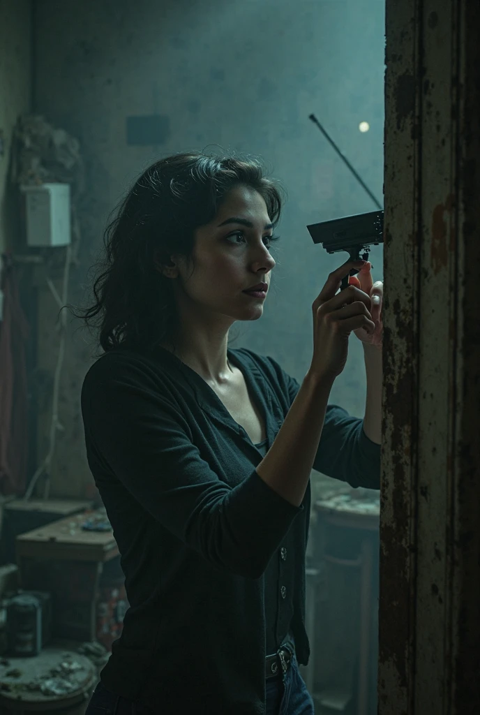 A woman around 23 years old, with short black hair, fleeing in the middle of the night because she stole a small box, The background scenario is of an ancient city, They seem tired from the escape..