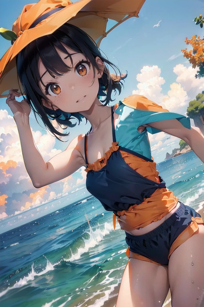 Tanned girl in swimsuit standing on beach、(see through Swimsuit with :1.2)、(((glowing Swimsuit:1.5)))、wide choker、Colossal tits、Illuminated by the setting sun、Shoot from the foot、NSFW、hoodie on naked、Adult Woman、show off nipple