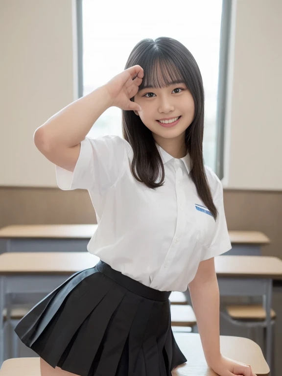 ((school uniform)),ribbon at neck,(school uniform and ((Plaid navy skirt)) and white shirt:1.1), Skin color, big , smile, (8k, RAW Photos, Highest quality, masterpiece:1.2), masterpiece, super detailed, super high quality, (Realistic and Realistic photography:1. 37), High-resolution RAW color photos, Very delicate and beautiful, highly detailed, 8k壁紙, wonderful, detailed, Very eye, very detailed, very detailed skin, very thin fingers, very detailed nose, very detailed mouth, Perfect Anatomy, Upper Body, studio, Soft lighting, A full-body shot of a cute idol wearing a one-piece swimsuit, Playful pose, Hands on hips, smile, Pastel Background, Realistic, Attention to detail, studio photography