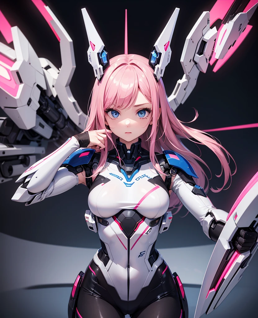 A close-up of a woman in a futuristic suit holding a gun, biomechanical oppai, chica anime cyberpunk mech, robotic anime mixed with organic, linda chica cyborg, perfect animated cyborg woman, girl with mecha cybernetic armor, 3D 8k rendering character art, perfect android girl, female cyberpunk anime girl, animated cyborg, beautiful cyborg girl