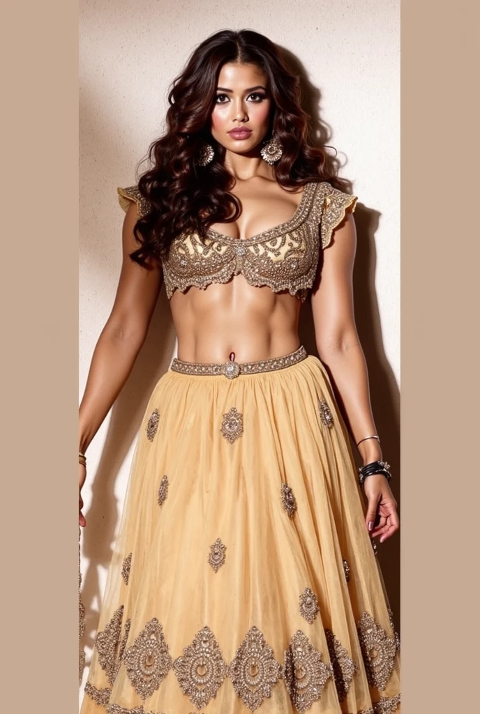 indian hot female model, at a beauty pageants, chubby figure, wearing a hot sari, posing for a photo
