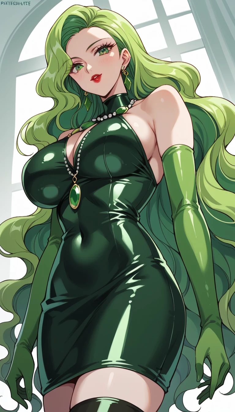 Stable Diffusion prompt: tall silhouette, long wavy green hair, blue eyes, slim and athletic build, elegant green dress, emphasis on bust, emphasis on hips and buttocks, full body, night garden background, dark lighting, high-resolution, ultra-detailed, realistic, vibrant colors, bokeh lighting