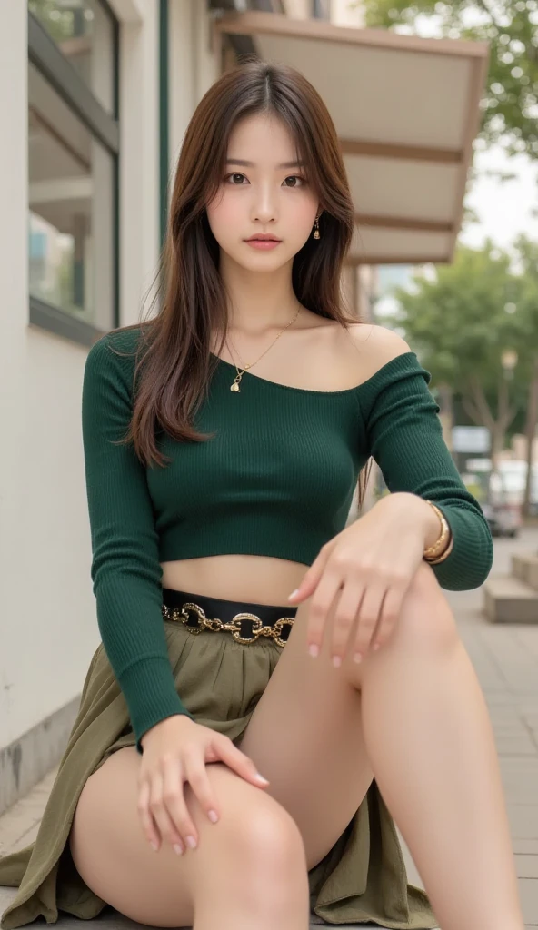 8K, Best Quality, masutepiece, Highly detailed, reallistic, girl with, 20 years old, looking hand, long dark brown hair with bangs,,Curly hair, Green eyes, Black Japanese style cut clothes, White shorts, Wearing ultra-realistic pantyhose、Bare shoulders, make - up、golden details, Cold expression, Battle Scenes, Outdoors, Forest background, lots of trees々And the dark sky