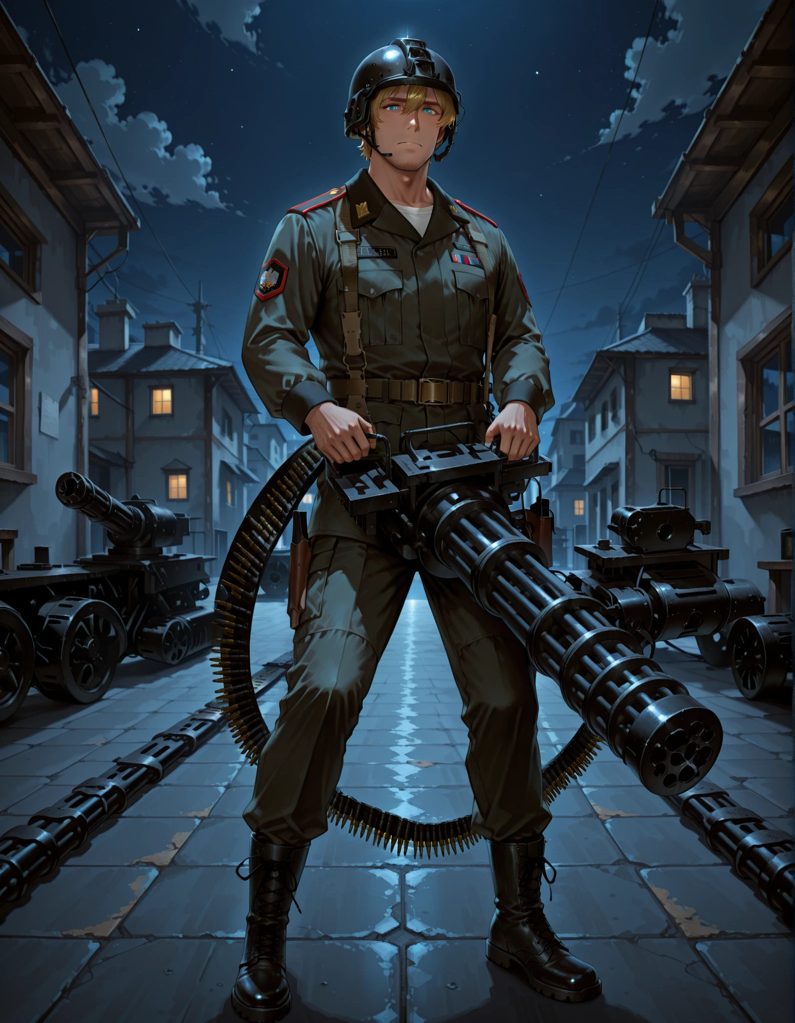 (masterpiece, best quality), intricate details, detailed background, high res, 8K, solo, solo focus, 1male, male focus, adult, mature male, (multicam military uniform), belt, side holster, (blonde hair, short hair, helmet), blue eyes, black combat boots, (c-m134, holding m134, two-handed, ammunition belt), standing, military fort, night, full shot, full body costume design.