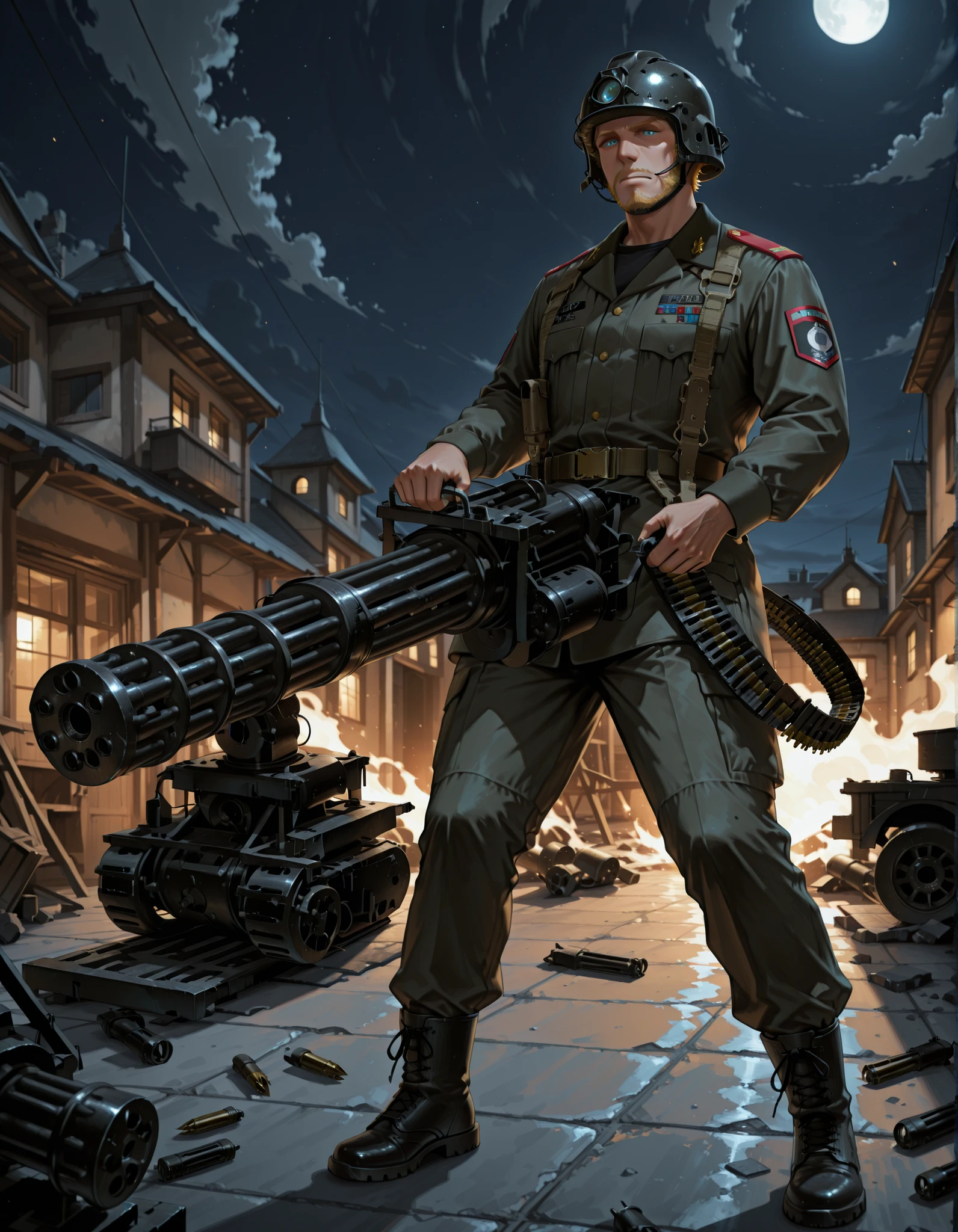 (masterpiece, best quality), intricate details, detailed background, high res, 8K, solo, solo focus, 1male, male focus, adult, mature male, (multicam military uniform), belt, side holster, (blonde hair, short hair, helmet), blue eyes, black combat boots, (c-m134, holding m134, two-handed, ammunition belt), standing, military fort, night, full shot, full body costume design.