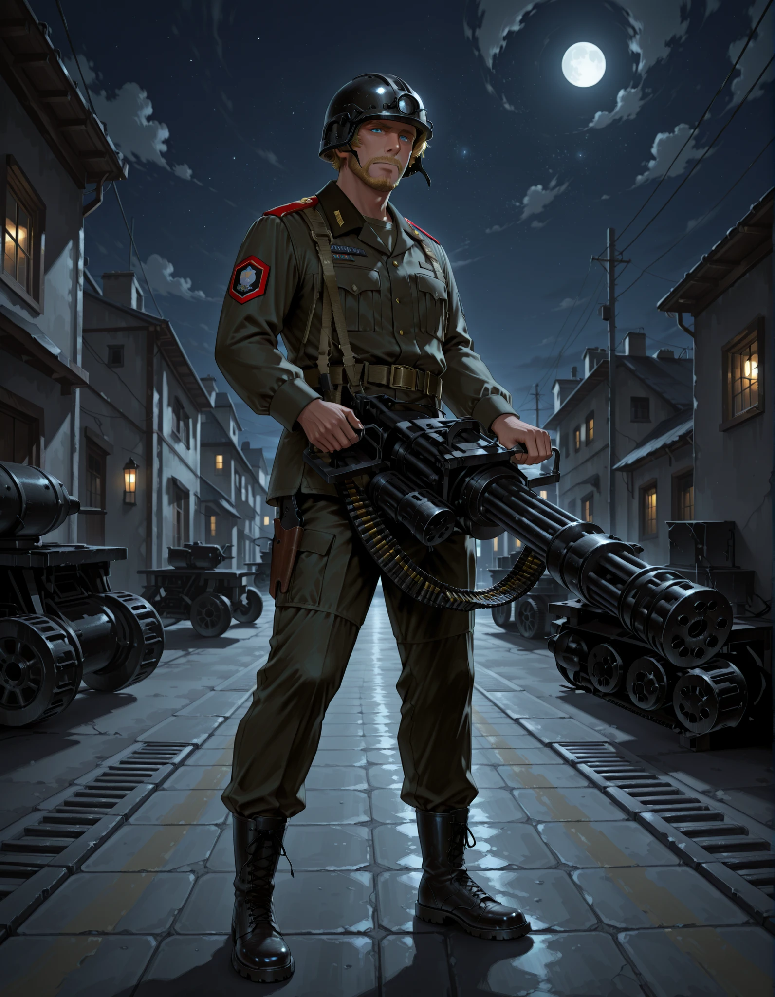 (masterpiece, best quality), intricate details, detailed background, high res, 8K, solo, solo focus, 1male, male focus, adult, mature male, (multicam military uniform), belt, side holster, (blonde hair, short hair, helmet), blue eyes, black combat boots, (c-m134, holding m134, two-handed, ammunition belt), standing, military fort, night, full shot, full body costume design.