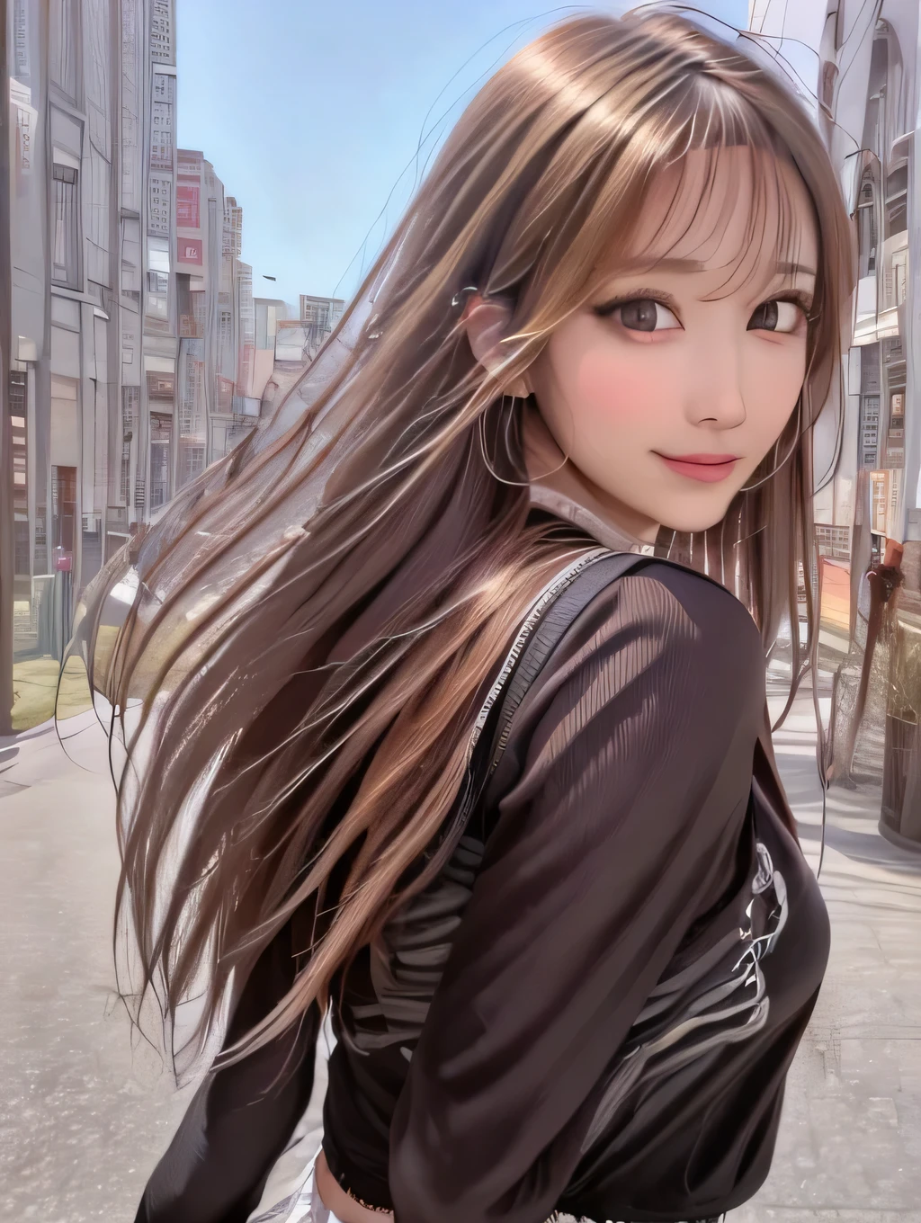{{masterpiece:1.2}}, {{1woman}}, ((upper body)), ((standing)), ((from behind)), ((looking back)), ((looking at viewer)), ((seaside promenade)), 21years old, ((gal)), ((brown hair, medium hair)), ((long sleeve black t-shirt)), ((bare navel)), ((big breasts)), ((surprised face)), ((open mouth)), ((silver necklace)), ((smile)), ((hand up)), ((hand waving)), ((in the heat)), Japanese