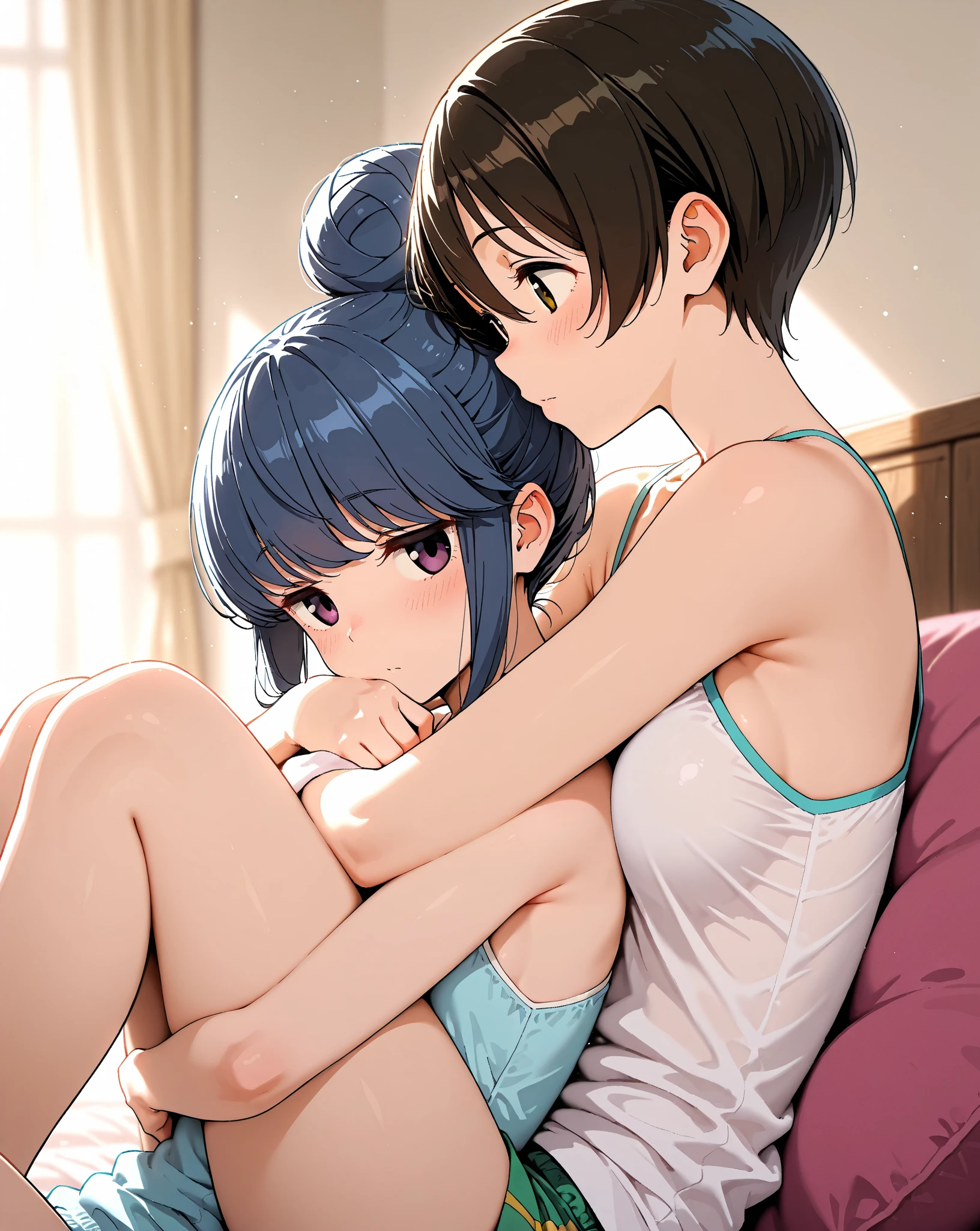 sit on a bed、Teen、Two people、Intertwined hands、kiss、Shorthair、Camisole