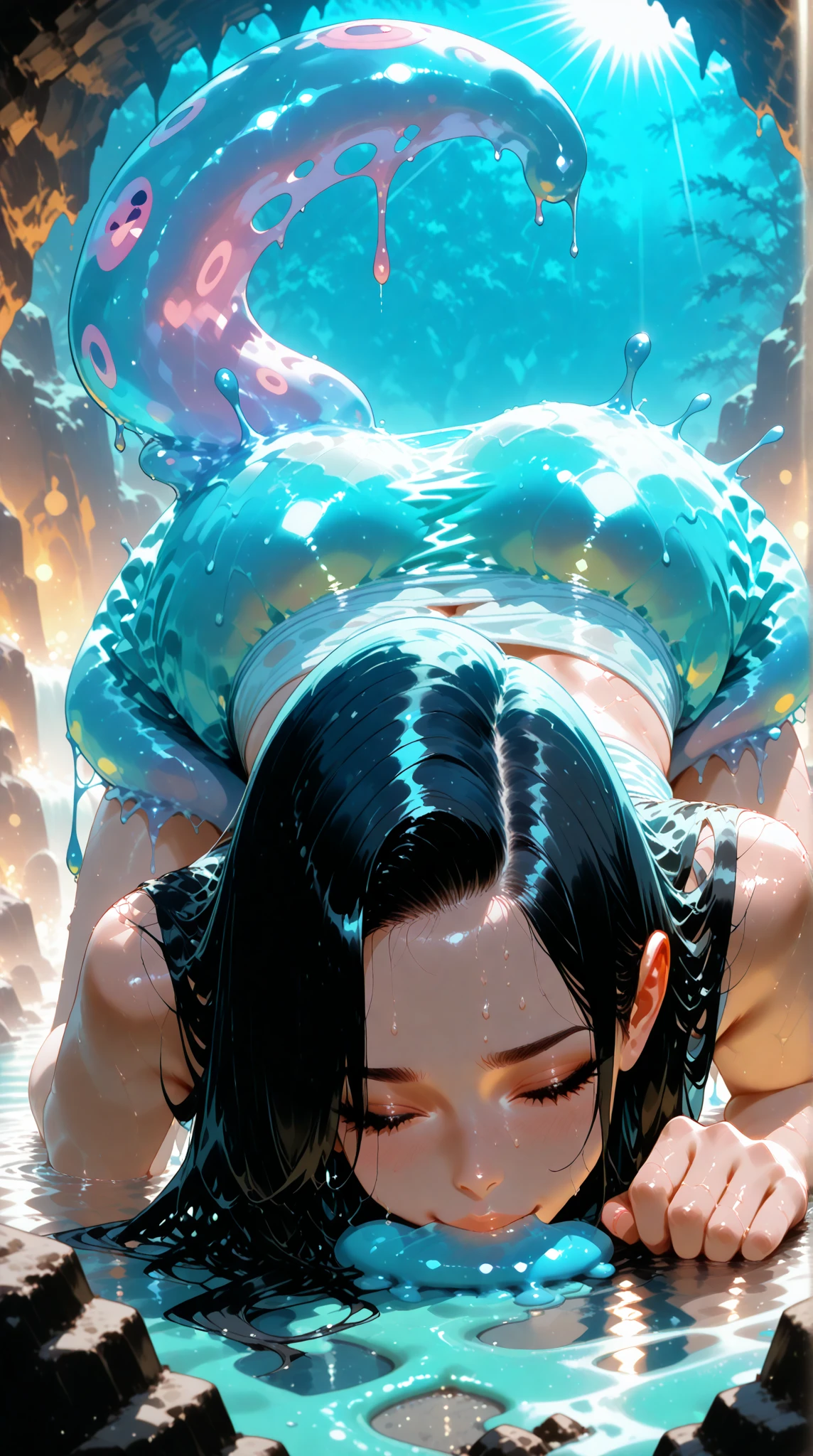 Masterpiece, best quality, 16k resolution, NVIDIA RTX Ray Tracing technology, Create a 4K resolution, ultra-realistic, and extremely detailed artwork, award winning, retina, soft light, sharp focus.(hyper-realistic:1.4), (full body:1.5), (Very deep background:1.9)、(Fractal Art:1.9)、(florals:1.3)、(Zentangle:1.2), (Abstract background:1.9), (Many colors:1.4), (((solo)))
EPsmSailorMercury, sailor mercury, blue hair, blue short hair, NSFW, (NAKED BREASTS:1.5), (HAIRY PUSSY, PUBIC HAIR), ((BREASTS SUPPRESS:1.5)), big breasts, slim body, slender, slim waist,
smile, barefoot, sexy, Sexy, smooth perfect skin, smooth_skin
water, night, splash, Beautiful、(red blush)、Sexy
FULL BODY SHOT, ultra wide angle, textured skin, face detail, clean skin, perfect hands, perfect anatomy, anatomically correct